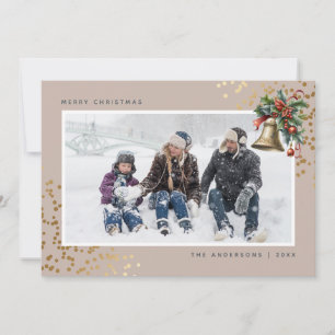 Elegant Christmas Bell Watercolor Holly Photo Holiday Card