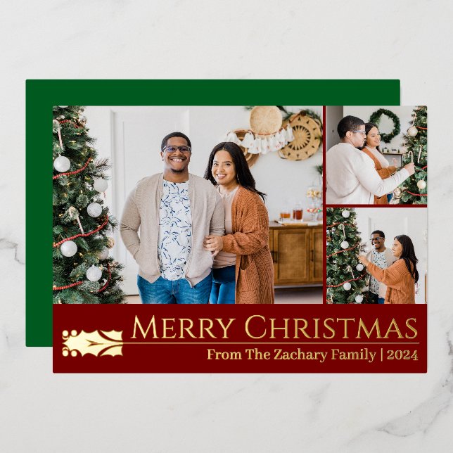 Elegant Christmas Berry Leaf Family Photo Collage Foil Holiday Card (Front/Back)