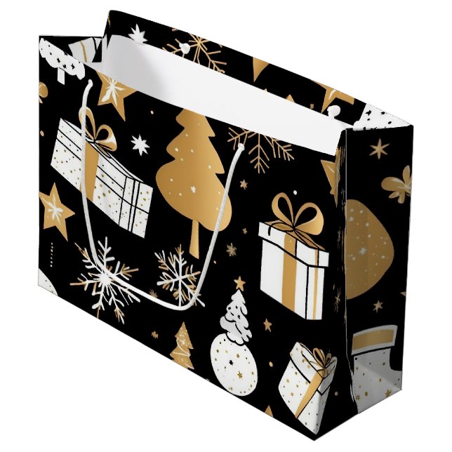 Elegant Christmas Black Gold White Line Art  Large Gift Bag (Front Angled)
