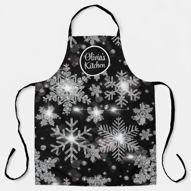 Elegant Christmas black white silver snowflakes Apron (Front)