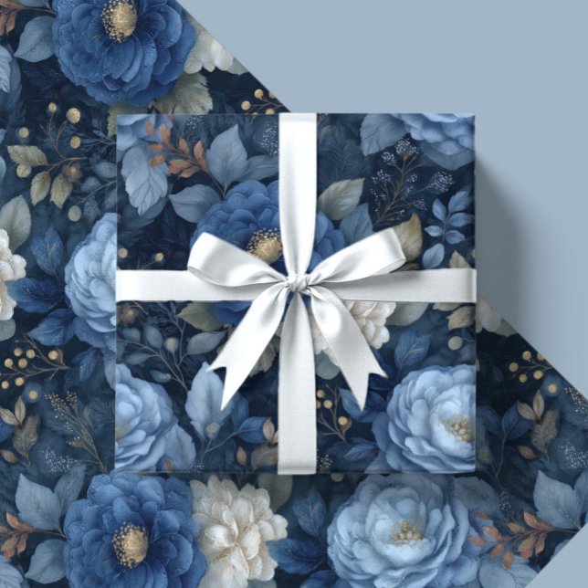 Elegant Christmas Blue and White Floral Gift  Wrapping Paper (Creator Uploaded)