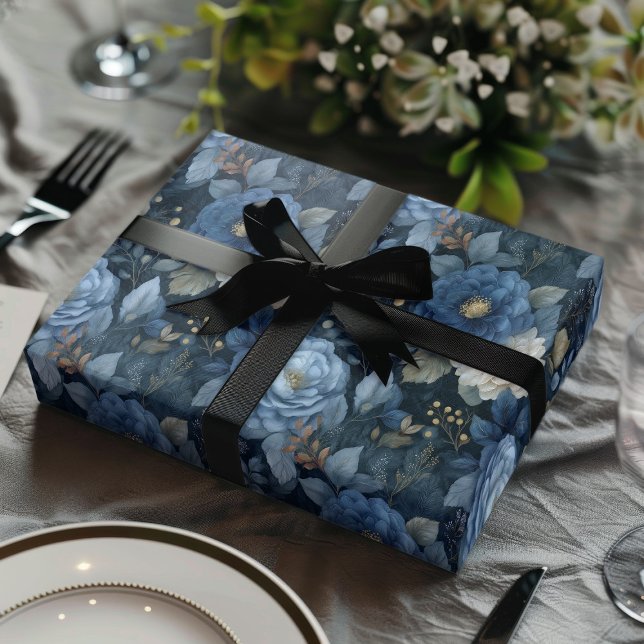Elegant Christmas Blue and White Floral Gift  Wrapping Paper Sheet (Creator Uploaded)