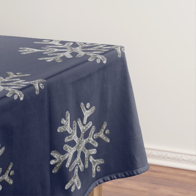 Elegant Christmas Blue Silver Snowflakes Pattern Tablecloth (In Situ)