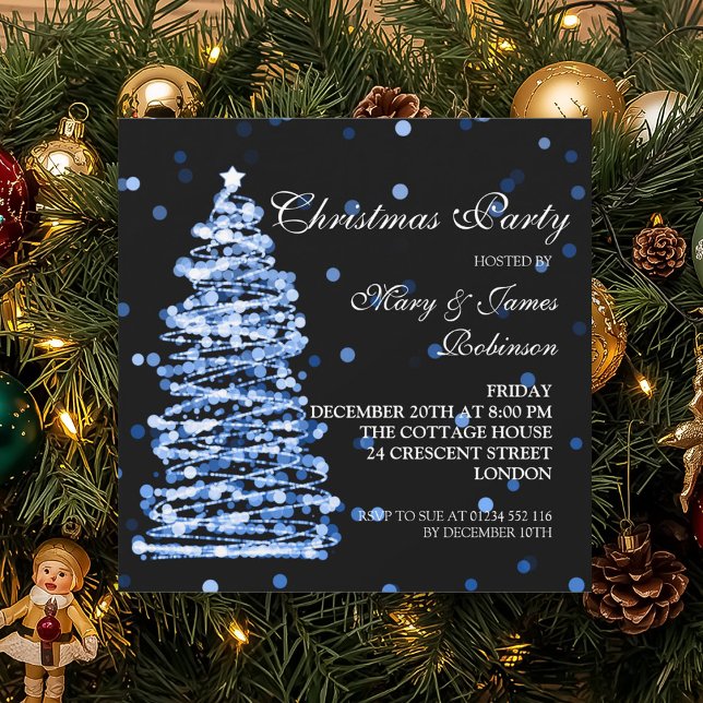 Elegant Christmas Bokeh Tree Holiday Party Blue Invitation (Elegant Christmas Bokeh Tree Holiday Party Blue Invitation)