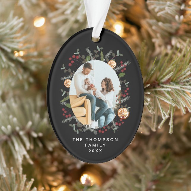 Elegant Christmas Botanical Black Red holly Photo Ornament (Tree)
