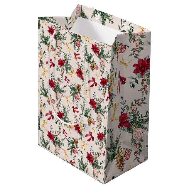 Elegant Christmas Botanical Greenery Pattern Medium Gift Bag (Back Angled)
