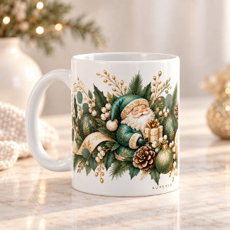 Elegant Christmas Botanical Mug – Teal Santa & Gol