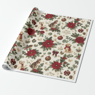 Elegant Christmas Botanical Pets Wrapping Paper