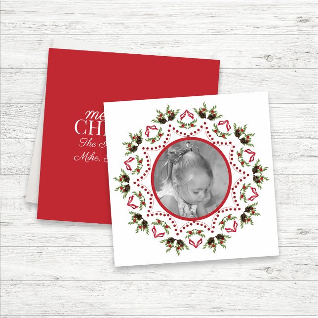 Elegant Christmas Botanical Pinecones Holly Berry Holiday Card (Christmas Photo Card with red and green mandala design)