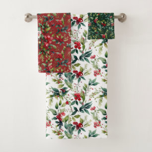 Elegant Christmas Botanical Winter Robin Holiday Bath Towel Set