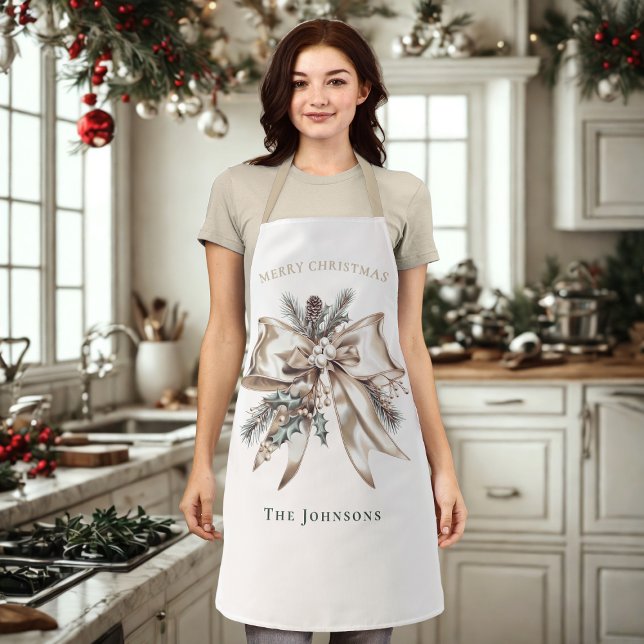 Elegant Christmas Bow Personalized  Apron (Creator Uploaded)