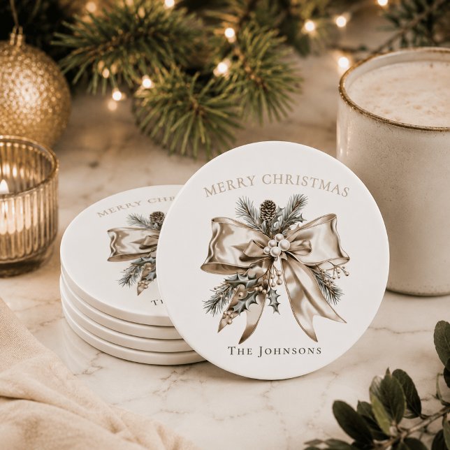 Elegant Christmas Bow Personalized Coasters (Creator Uploaded)