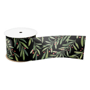 Elegant Christmas Branches and Berries Black Satin Ribbon