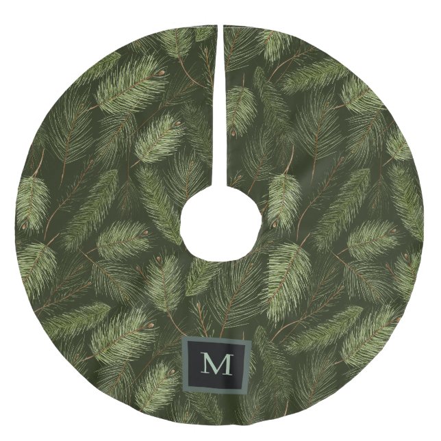 Elegant Christmas Branches on Black with Monogram  Brushed Polyester Tree Skirt (Front)