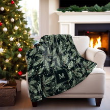Elegant Christmas Branches on Black with Monogram