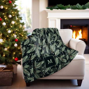 Elegant Christmas Branches on Black with Monogram Fleece Blanket