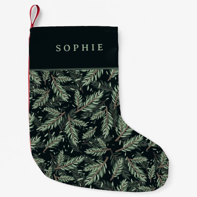 Elegant Christmas Branches on Black with Name Small Christmas Stocking (Front)