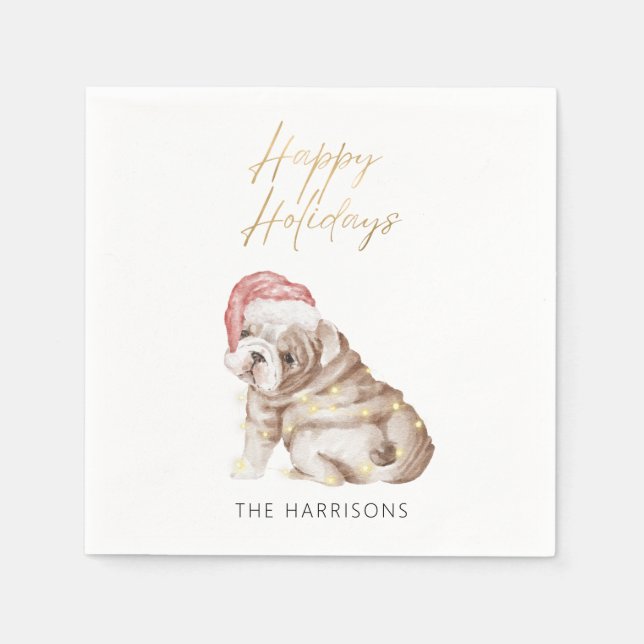 Elegant Christmas Bulldog Dog Gold Foil Holiday Napkin (Front)