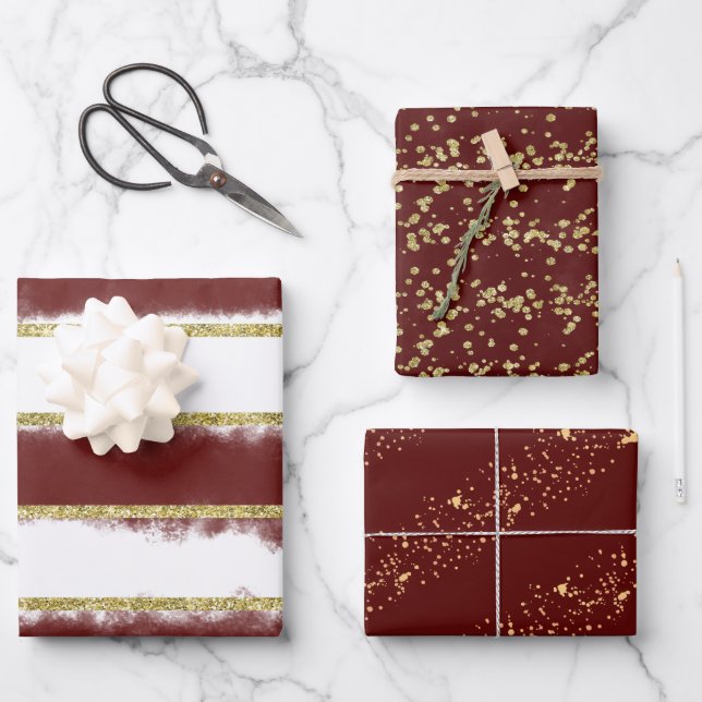 Elegant Christmas Burgundy & Gold Glitter-Print Wrapping Paper Sheet (Front)