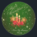 Elegant Christmas Candles, Balls ,Snowflakes Classic Round Sticker<br><div class="desc">Elegant christmas balls,  candles,  snowflakes on green background.</div>