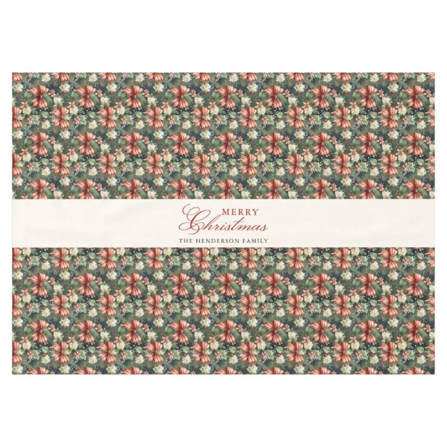 Elegant Christmas Cheer Candy Cane Bows Custom Tablecloth (Front (Horizontal))
