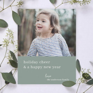 Elegant Christmas Cheer   Grayish Green Photo Chic Holiday Card