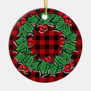 Elegant Christmas classic Red Plaid Holly berries  Ceramic Ornament