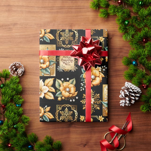 Elegant Christmas Collage Gold on Black Wrapping Paper (Holiday Gift)