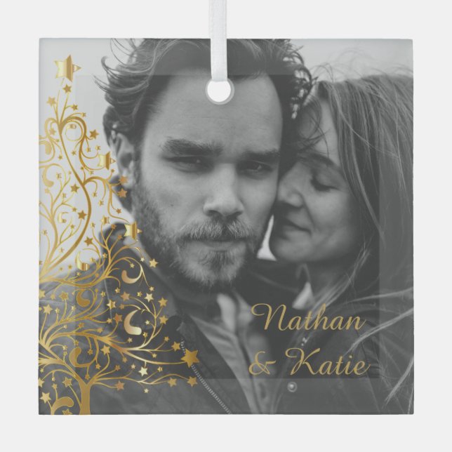 Elegant Christmas Couple Custom Photo Glass Ornament (Front)