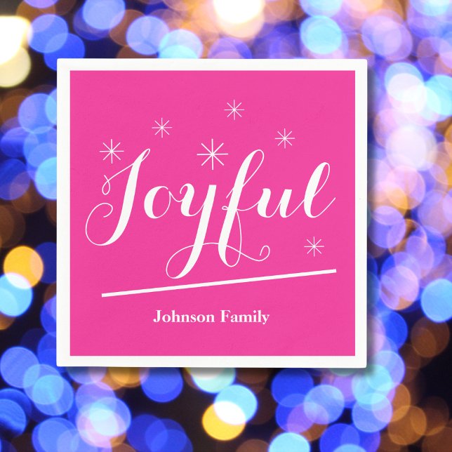 Elegant Christmas Custom Family Name Cute Pink  Napkin (Spice up the party with these Joyful hot ping paper napkins.)