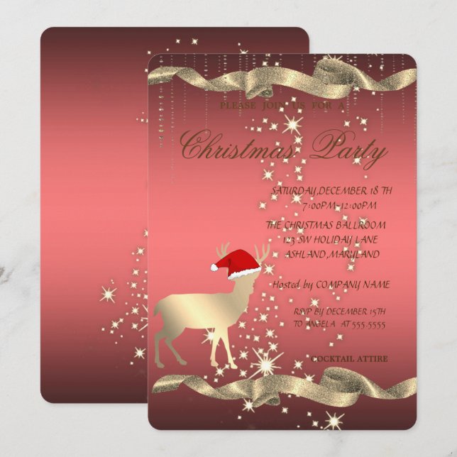 Elegant Christmas Deer Santa Hat,Christmas Party Invitation (Front/Back)