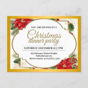 Elegant Christmas Dinner Party Gold & Poinsettia  Postcard