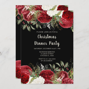 Elegant Christmas Dinner Party Red Flowers Invitation