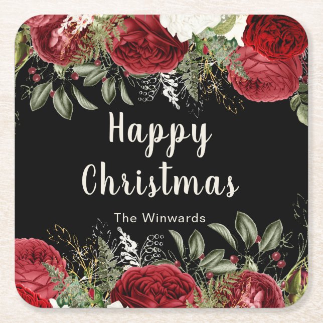 Elegant Christmas Dinner Party Red Flowers Square Paper Coaster (Front)