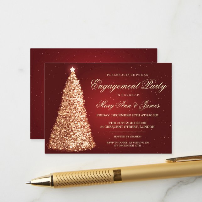 Elegant Christmas Engagement Party Gold Red Invita Enclosure Card (Front/Back In Situ)