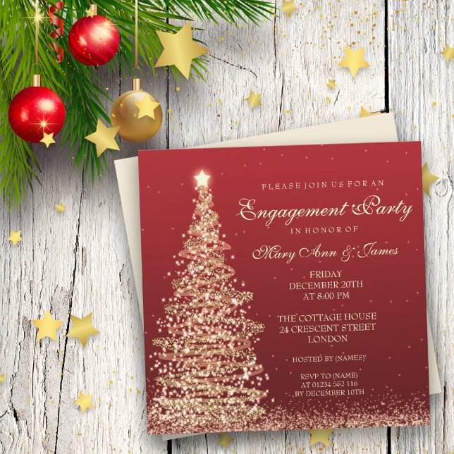 Elegant Christmas Engagement Party Red Gold Invitation (Creator Uploaded)