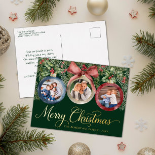 Elegant Christmas Family Photos Ornaments Green Foil Holiday Postcard