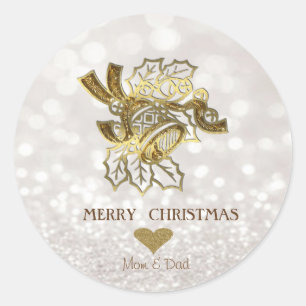Elegant Christmas Fayu Gold Bell,Glittery Bokeh Classic Round Sticker