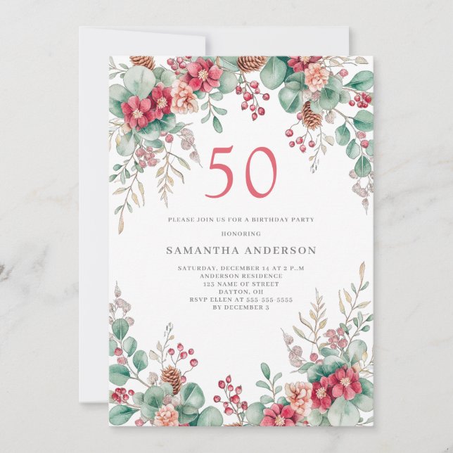 Elegant Christmas Floral 50th Birthday Party  Invitation (Front)