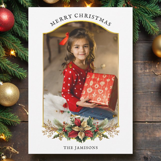 Elegant Christmas Floral Arched Photo Holiday Card (Creator Uploaded)