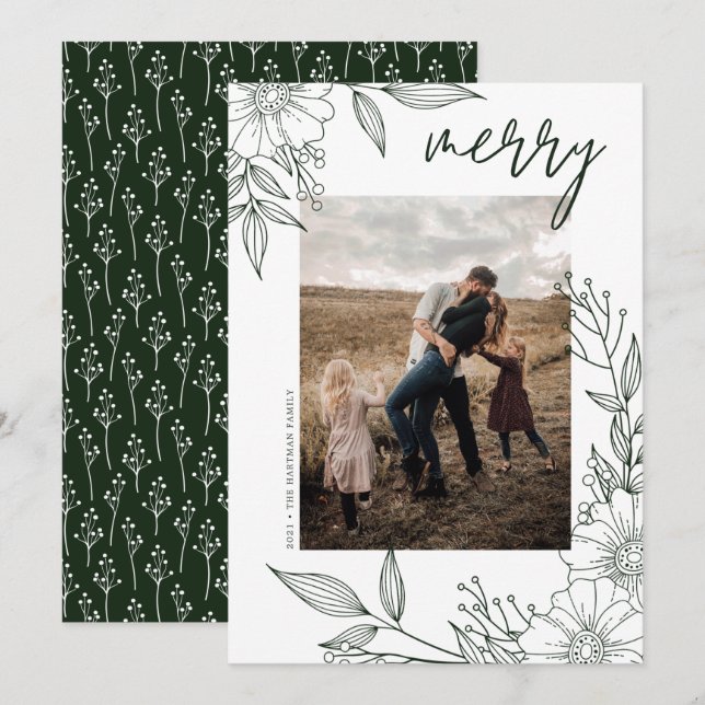 Elegant Christmas Floral Merry Green Photo Holiday Card (Front/Back)