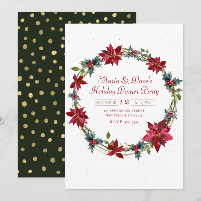 Elegant Christmas Floral Poinsettia Holiday Dinner Invitation (Front/Back)