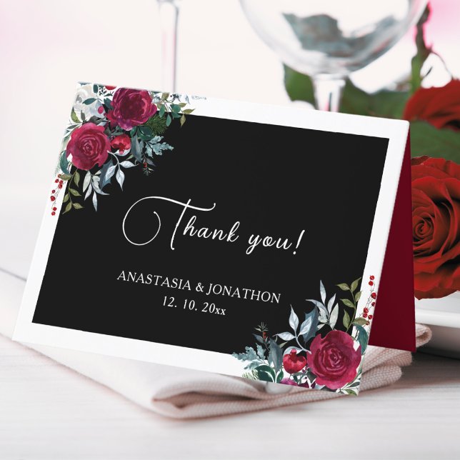 Elegant Christmas Floral Rose Holiday Wedding  Thank You Card (Creator Uploaded)