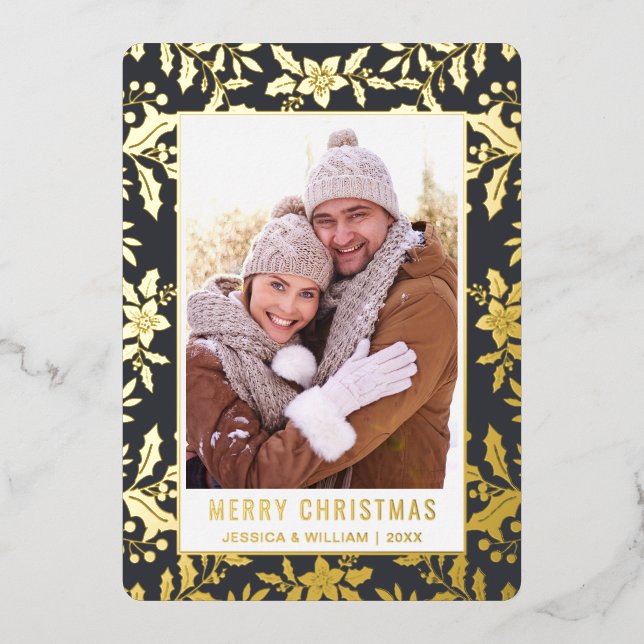 Elegant Christmas Foliage 2 Photo Gold Foil Foil Holiday Card (Front)
