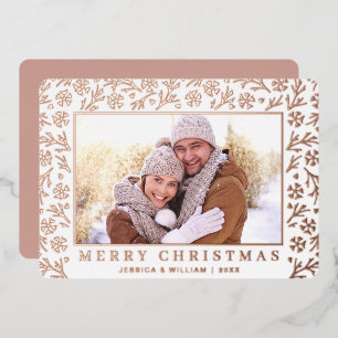 Elegant Christmas Foliage 2 Photo Rose Gold Foil Holiday Card