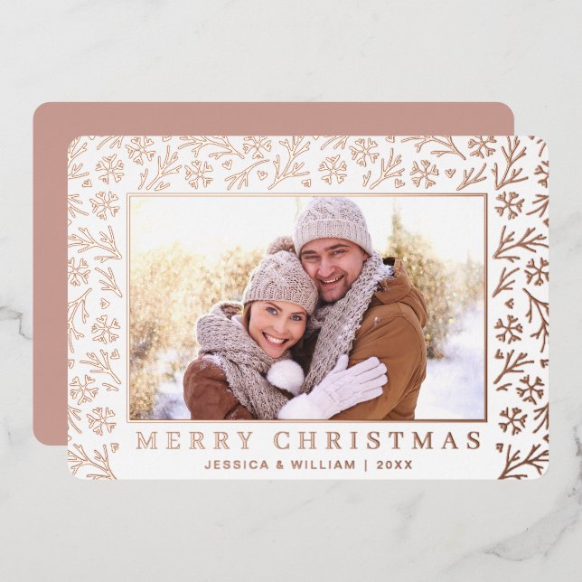 Elegant Christmas Foliage 2 Photo Rose Gold Foil Holiday Card (Front/Back)