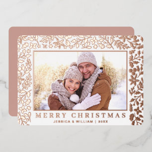 Elegant Christmas Foliage 2 Photo Rose Gold Foil Holiday Card