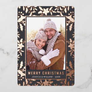 Elegant Christmas Foliage 2 Photo Rose Gold Foil Holiday Card