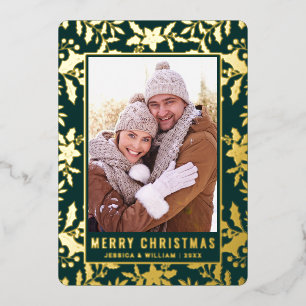 Elegant Christmas Foliage 2 Photo Rose Gold Foil Holiday Card