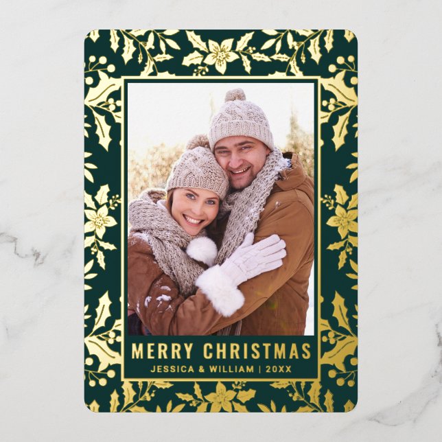 Elegant Christmas Foliage 2 Photo Rose Gold Foil Holiday Card (Front)